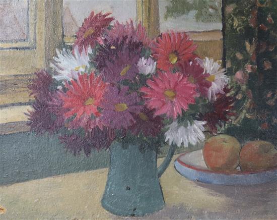 Modern British, oil on board, Still life of flowers in a vase, 27 x 36cm, unframed